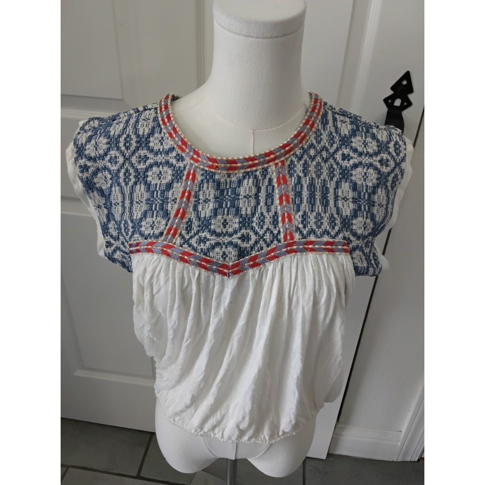 Tularosa Blue White Embroidered Jacquard Boho Bubble Hem Top Small